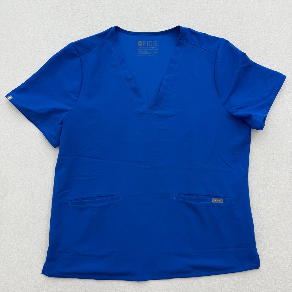 FIGS Two Pocket Scrub Top XXL Blue V Neck Short Sleeve Medical Nurse